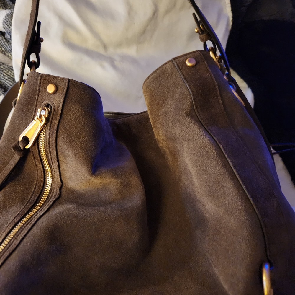 REBECCA MINKOFF Slouchy Hobo M.A.B handbag taupe Soft Suede Leather.